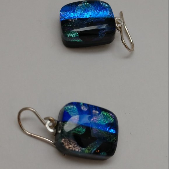 Hand Made Blue and Black Dangle Earrings With Dichroic Square Glass Beads - Picture 8 of 16